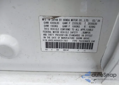 2006 Acura Tsx z USA, uszkodzony, nr VIN JH4CL96966C017907